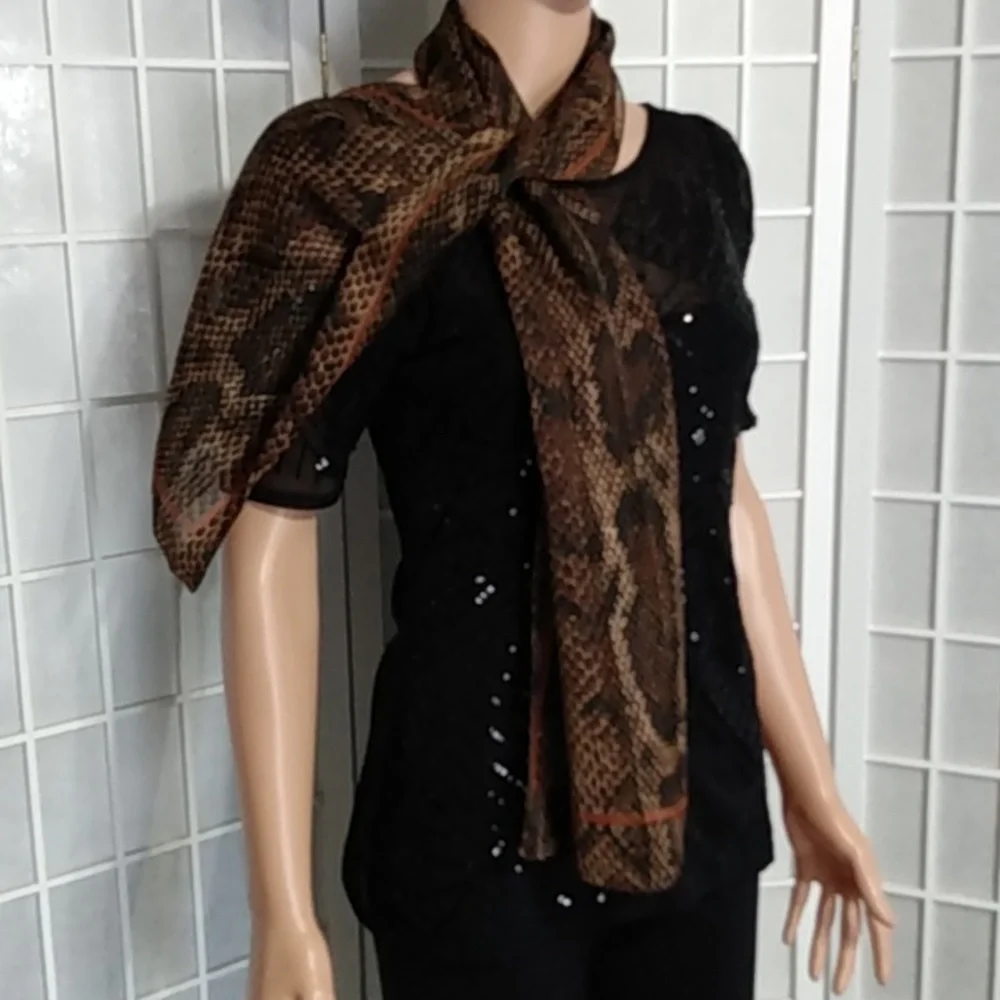 Women's Scarf Sheer‎ Snakeskin pattern brown and black 54.5
